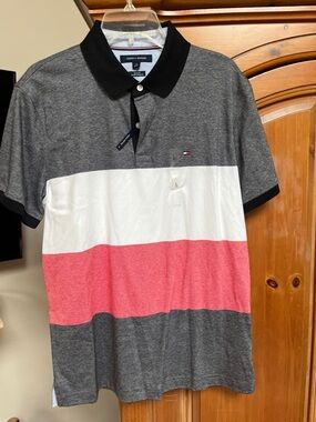Tommy Hilfiger Men's Gray, White & Red Stripe Polo
